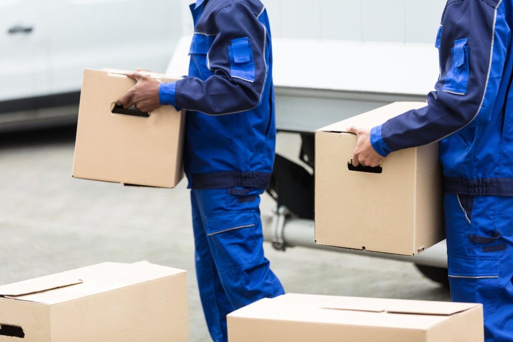 D & L Movers crew carrying boxes to the moving truck